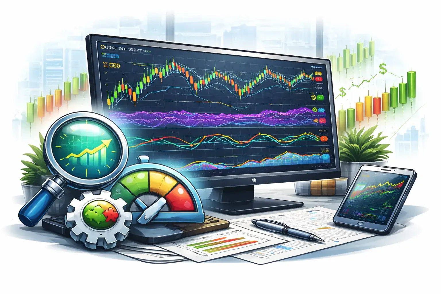 IndikatorSkript Illustration zeigt eine Trading-Umgebung mit großem Monitor, bunten Chartlinien, Tablet, Notizblättern und Schreibtischwerkzeugen – passend zu MT4 Programmierung und Expert Advisors