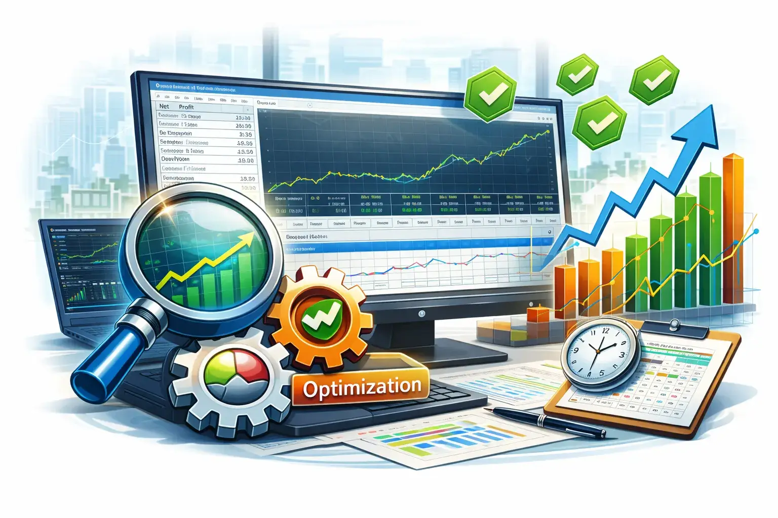 Bunte Optimierungsgrafik mit Monitoren, Zahnrädern, Diagrammen und dem Wort Optimization – symbolisiert Handelssoftware-Optimierung für MetaTrader 4 und Expert Advisors.